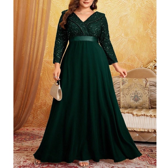 Plus Sequin V neck Party Evening Formal Wedding Flowy Dress - Picture 3 of 11